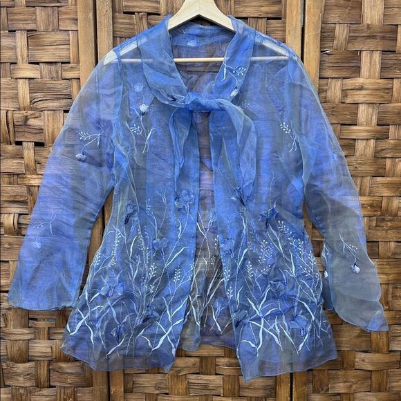 Jackets & Blazers - Vintage See-through Sheer Blue Floral Embroidered Jacket